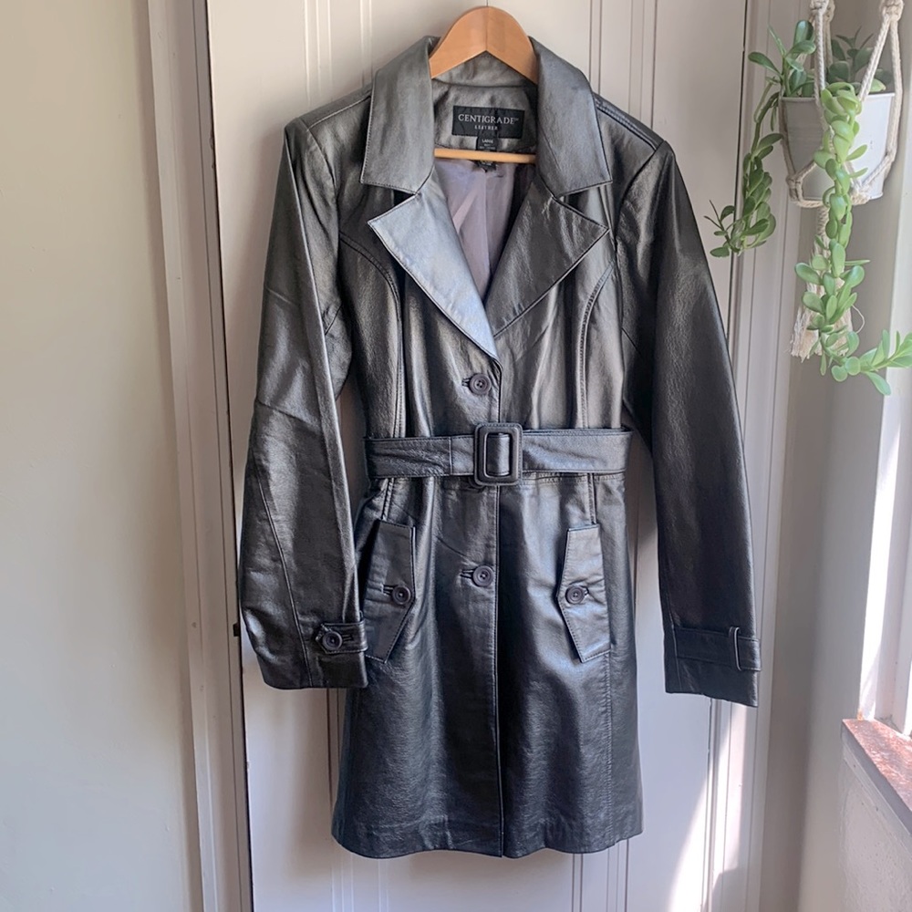 Pewter Metallic Leather Trench Coat